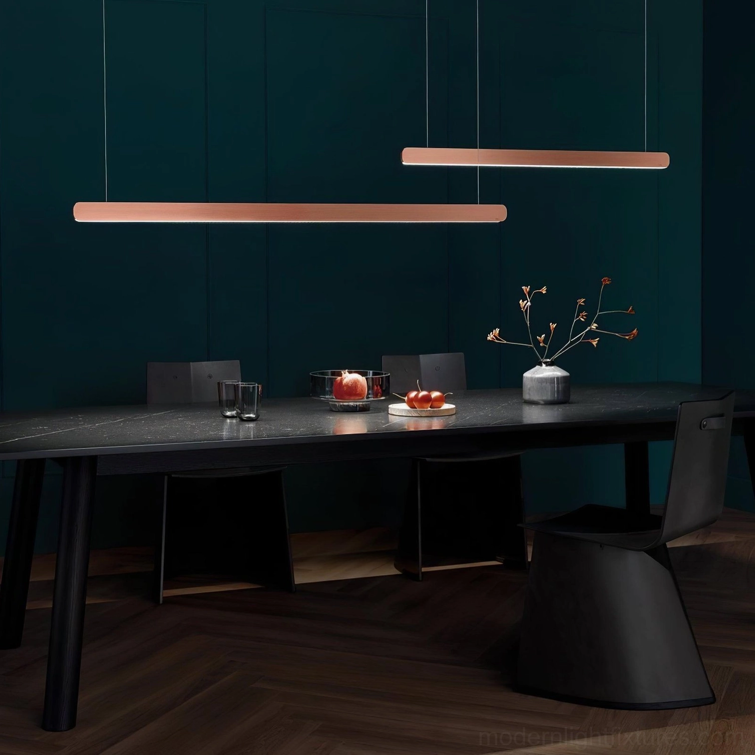 Rose gold linear pendant lamp with warm lighting in contemporary residential kitchen