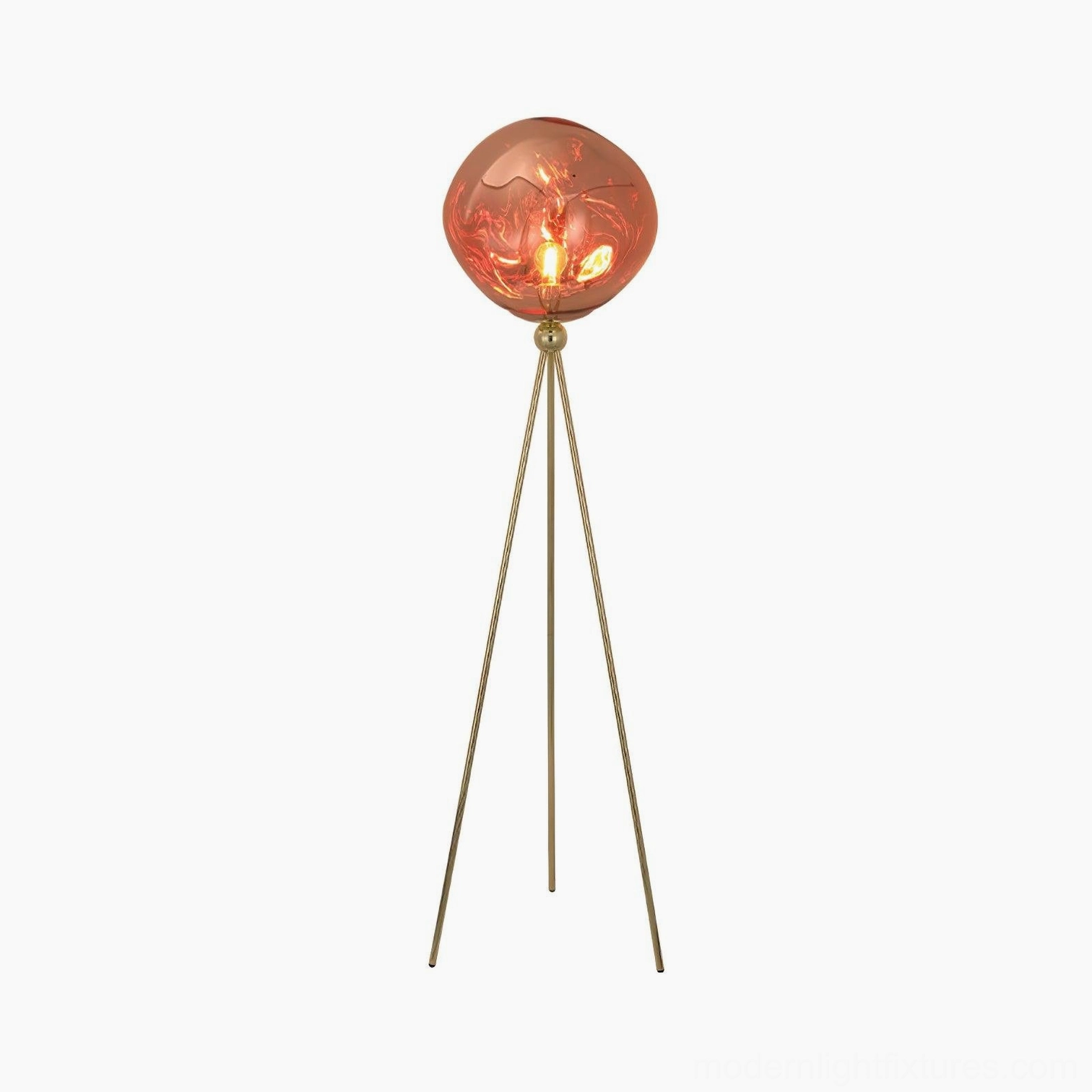 Rose gold tripod floor lamp with artistic molten lava glass shade and contemporary minimalist design