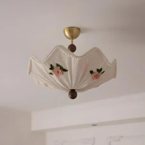 Rose Lace ceiling light fixture showing brass hardware and natural wood accent detail with fabric pleating