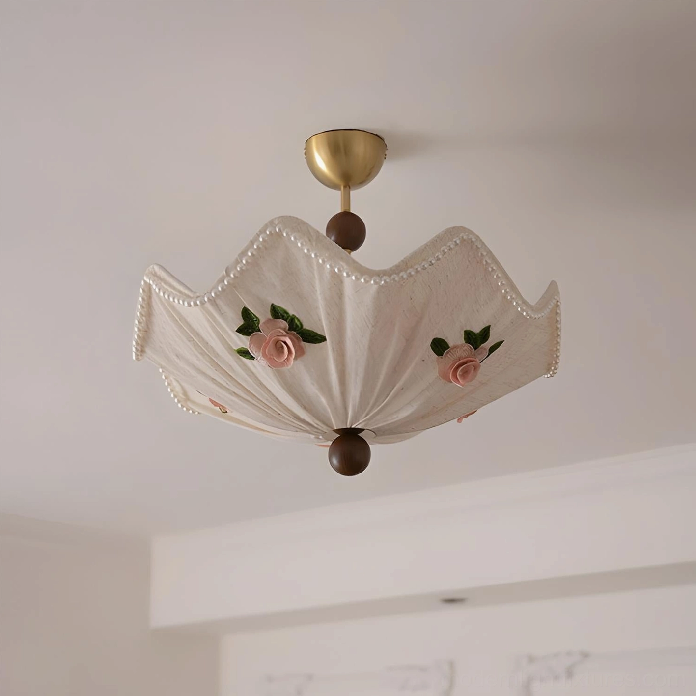 Rose Lace ceiling light fixture showing brass hardware and natural wood accent detail with fabric pleating