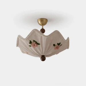 Rose Lace vintage ceiling lamp with hand-applied rose motifs and pearl beads on pleated parasol-shaped shade