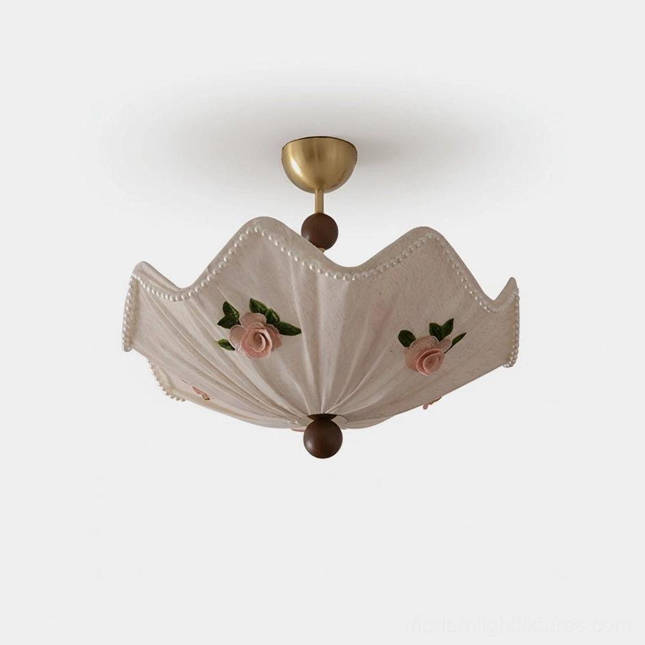 Rose Lace vintage ceiling lamp with hand-applied rose motifs and pearl beads on pleated parasol-shaped shade