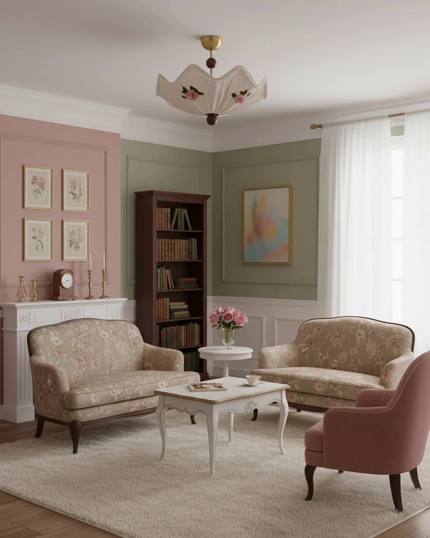 Rose Lace romantic ceiling lamp in vintage living room with formal traditional decor and green tufted seating