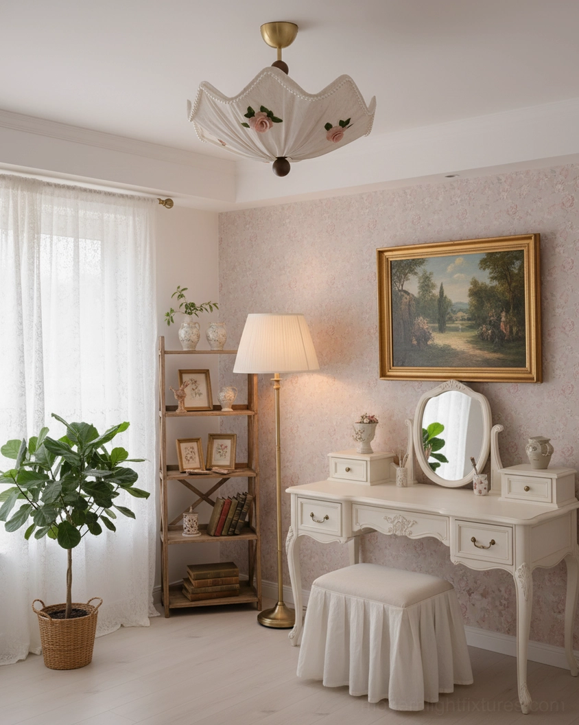 French vintage ceiling light in elegant vanity room with white vanity set and potted decorative plants