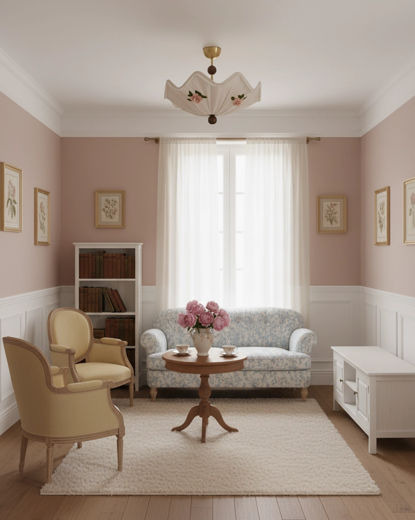 Romantic floral ceiling lamp in pastel pink vintage living room with light blue sofa and warm neutral decor