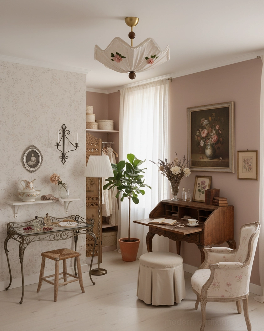 Shabby chic floral ceiling light in cozy vintage sitting room with metal side tables and decorative upholstery