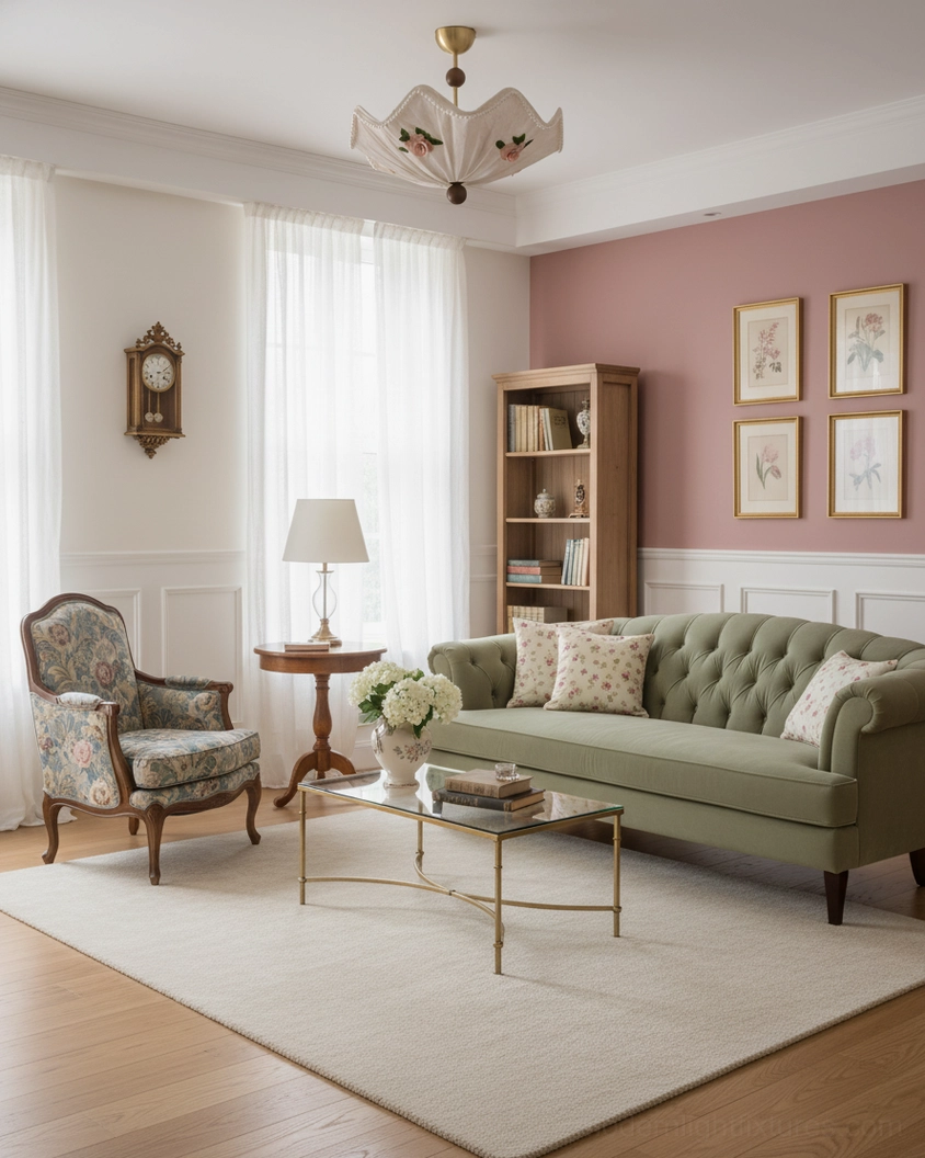 Vintage ceiling light fixture in traditional lounge space with floral armchair and classic home decor styling
