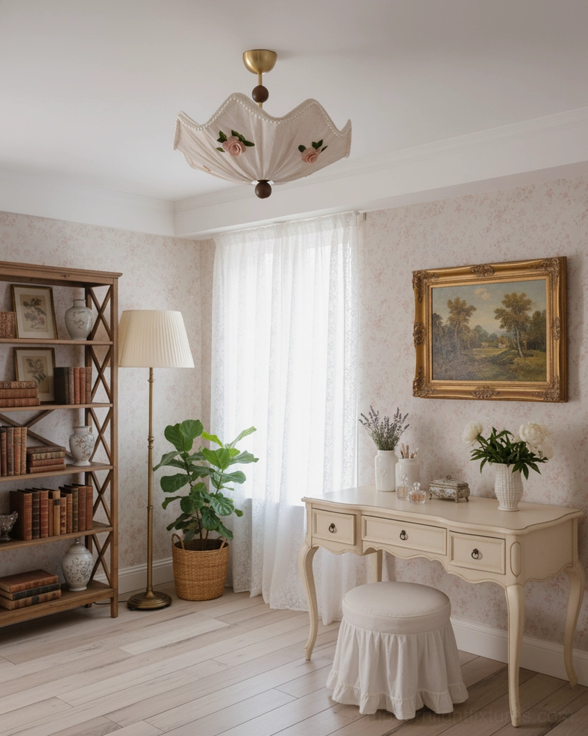 Rose embroidery ceiling lamp in elegant vintage home office with warm wood furniture and greenery