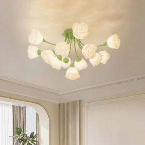Rose semi-flush ceiling light installed in modern cream living room with warm ambient illumination and green frame
