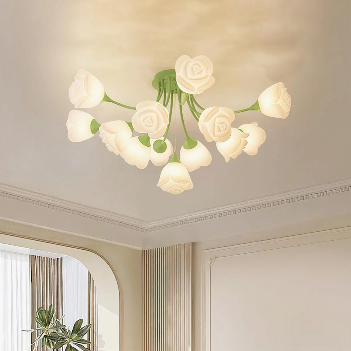 Rose semi-flush ceiling light installed in modern cream living room with warm ambient illumination and green frame