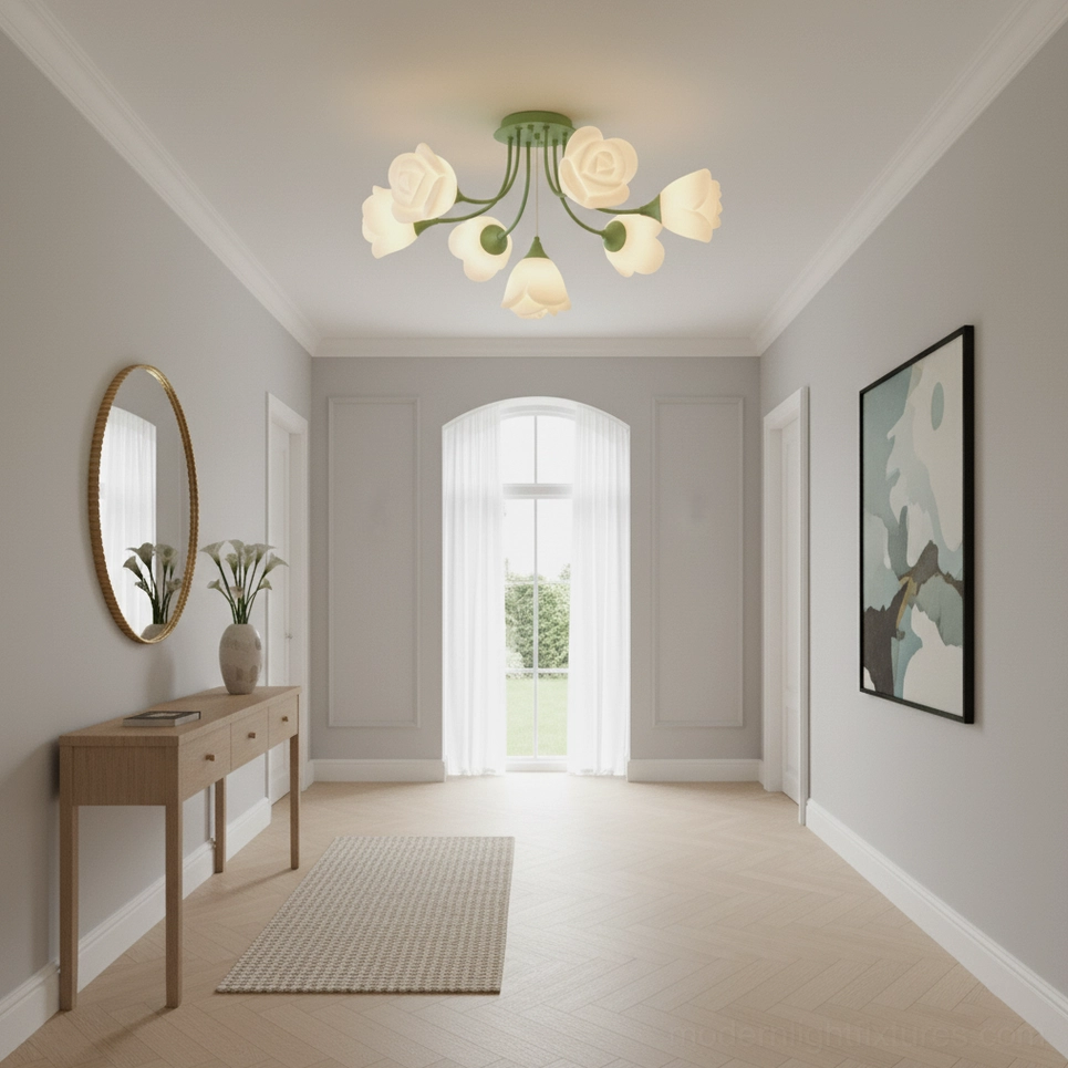Rose ceiling light fixture in white finish with artistic botanical petal shade design