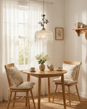 Vintage rose pendant light hanging in elegant dining room with wooden round table and upholstered chairs