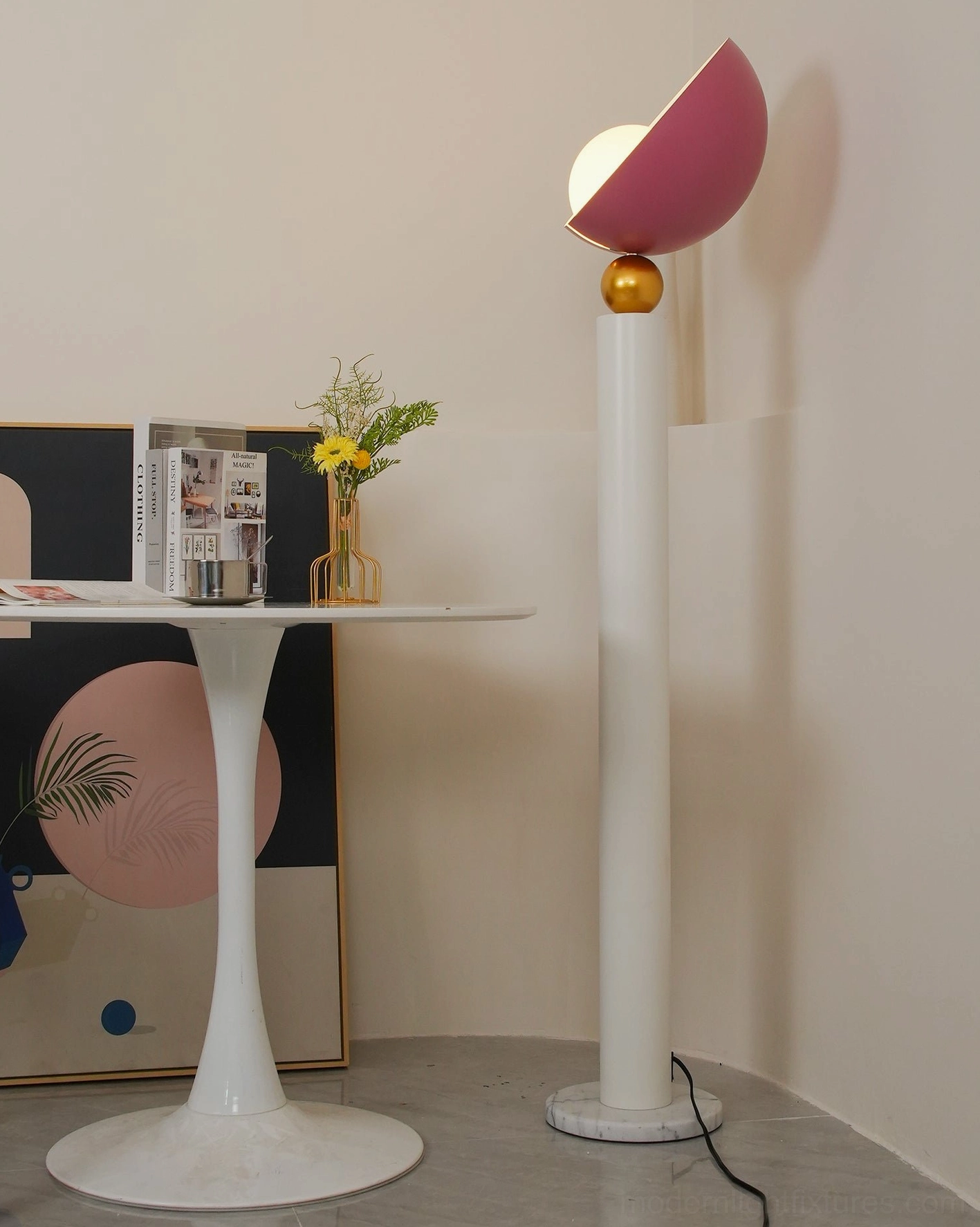 Rose red modern floor lamp right side static shot in minimalist dining nook with artwork, contemporary styling