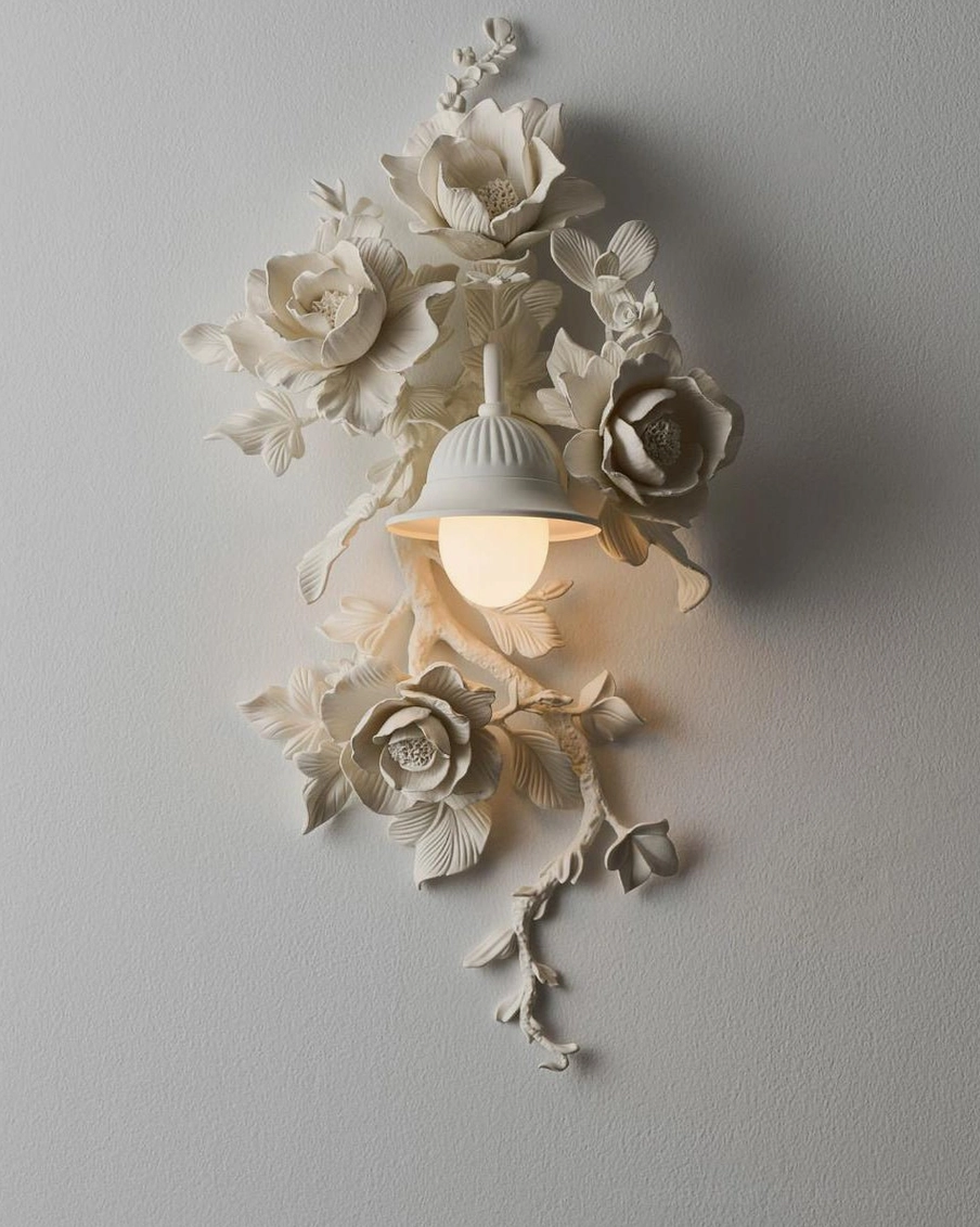 Elysia Bloom rose wall sconce dimensional diagram and scale reference, sculptural depth and projection visualization
