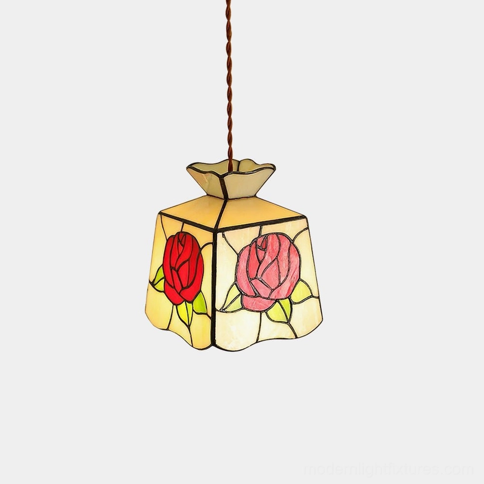 Handcrafted rose stained glass pendant light with Tiffany-style ruffled square shade and vibrant rose motifs