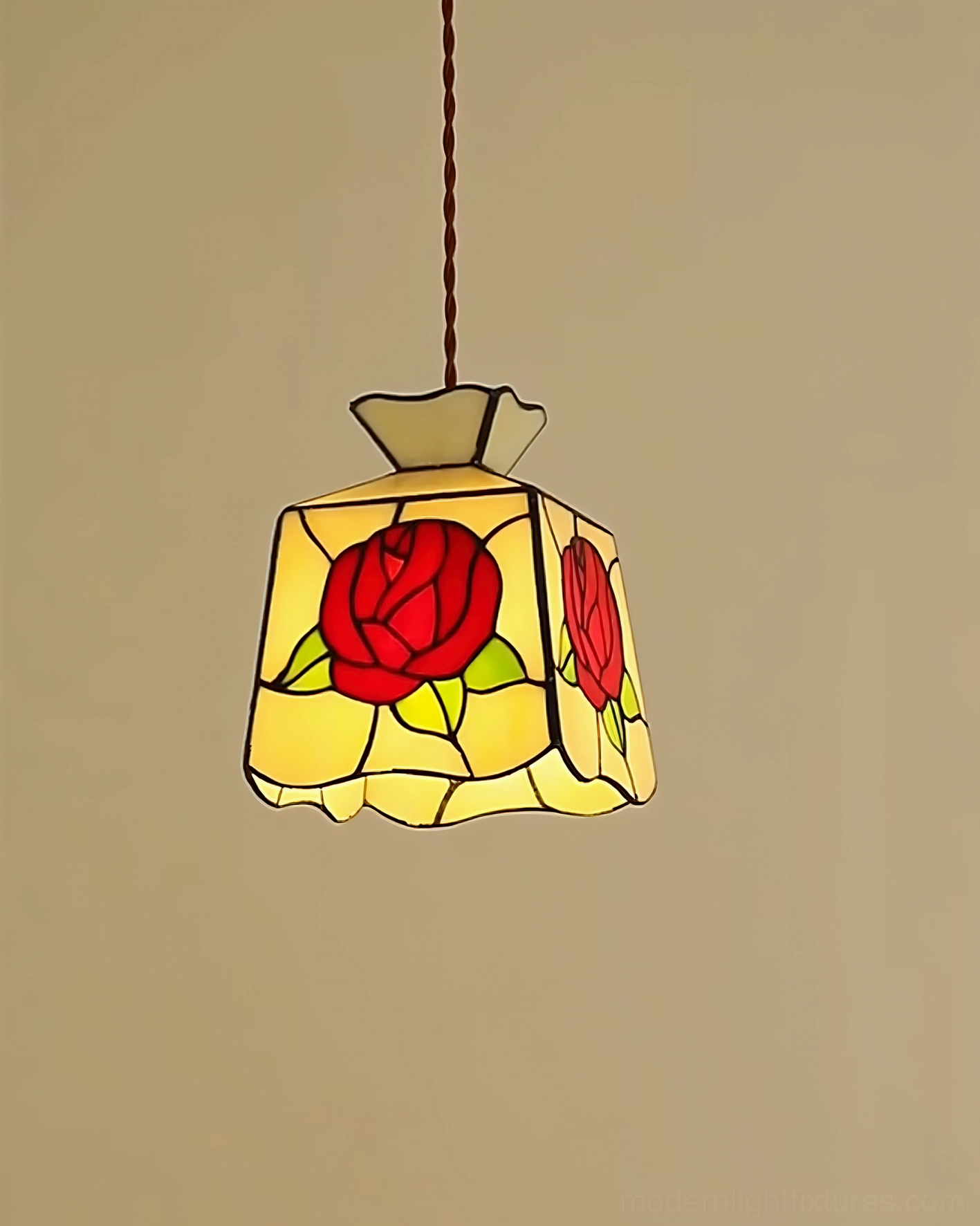 Rose stained glass pendant fixture side angle view displaying detailed lead work and ruffled shade edge