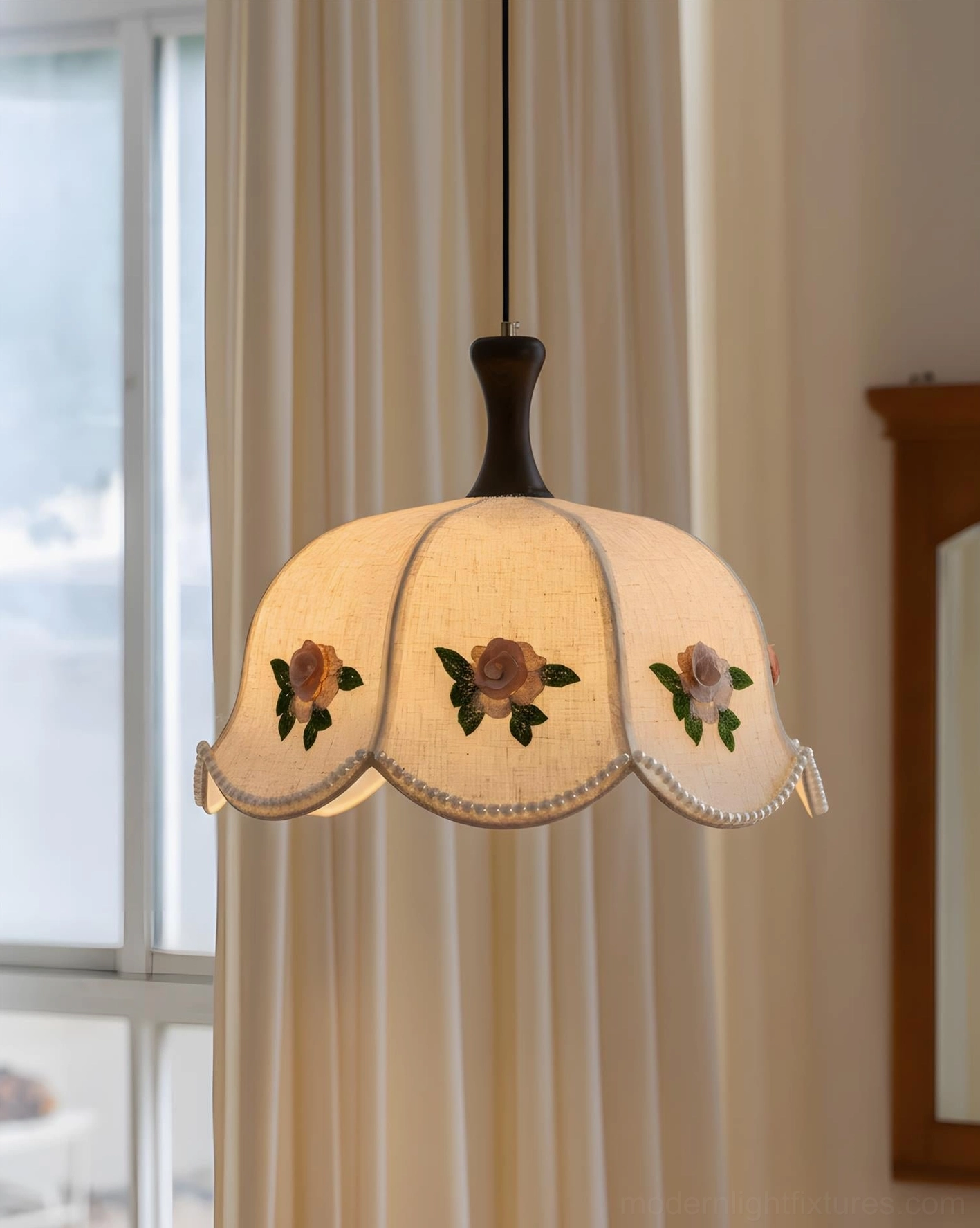 Roselace vintage pendant lamp side view with rose-embroidered beige fabric shade near sheer window curtains cottage style
