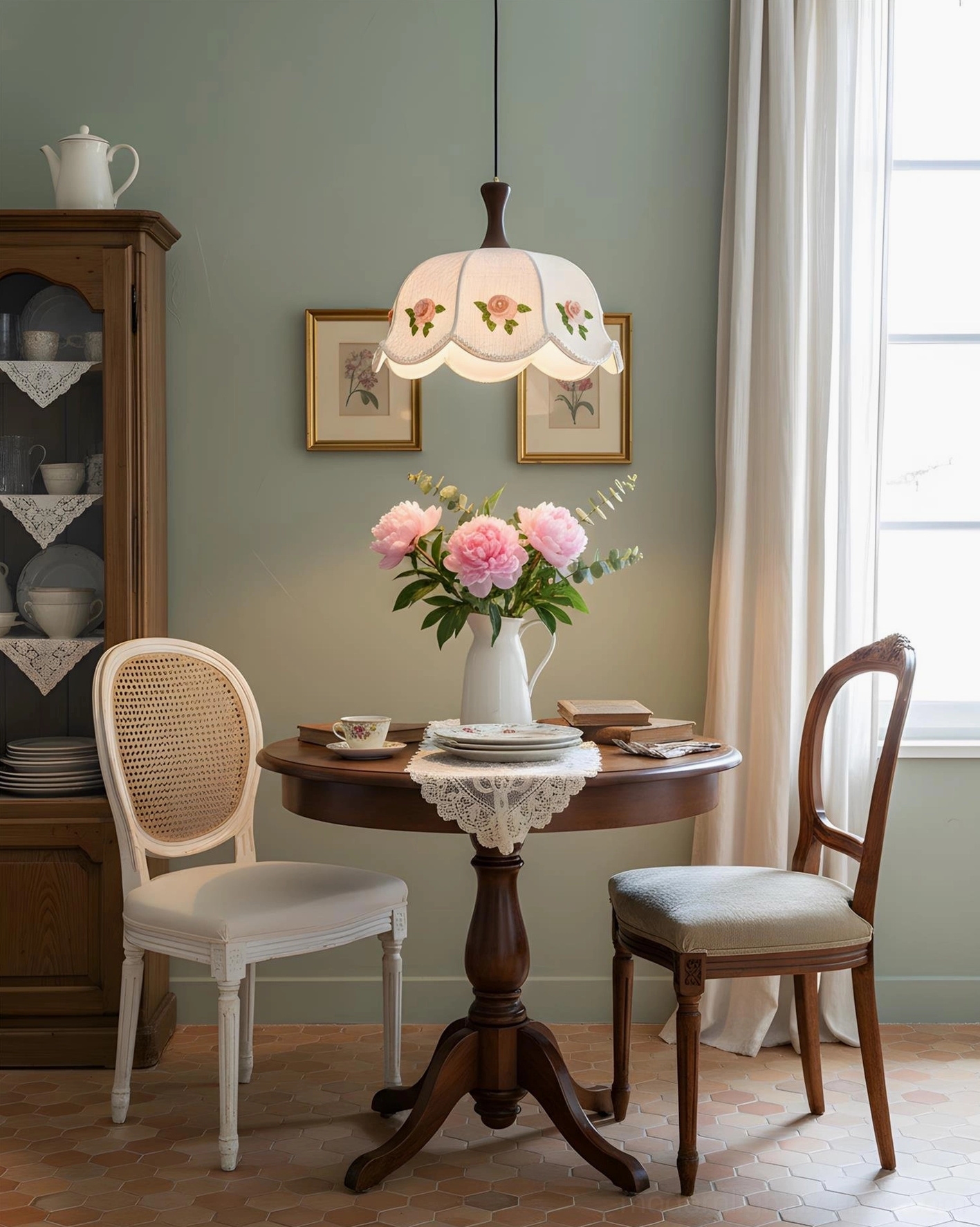Roselace vintage pendant lamp in cozy small dining nook with rose-patterned shade warm retro home dining interior