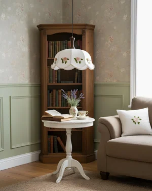 Roselace fabric pendant lamp hanging in vintage living room with bookshelf, rose shade matches boho throw pillow décor