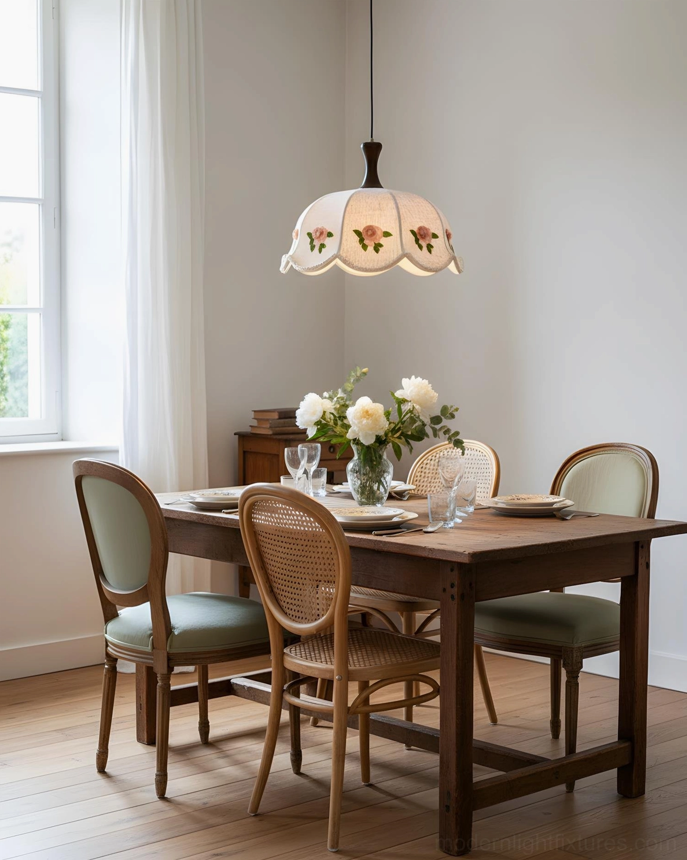Roselace pendant lamp white color finish option botanical rose appliqué fabric shade cottage style lighting
