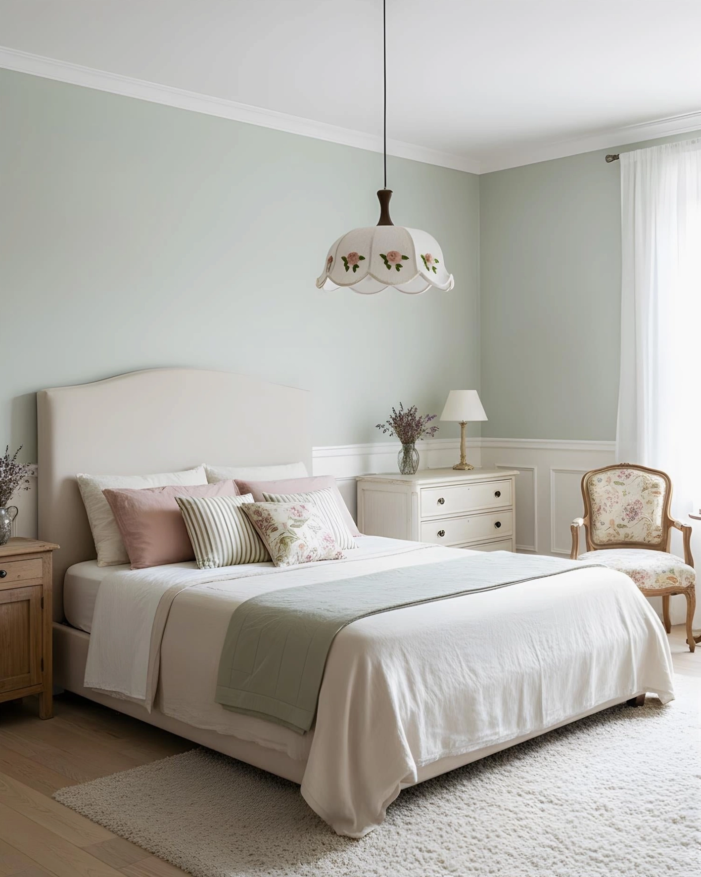 Roselace pendant lamp installed in bedroom cozy intimate lighting warm glow rose-patterned shade bedroom décor