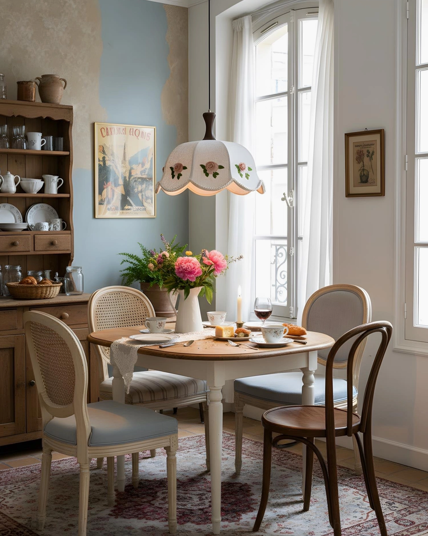 Roselace fabric pendant light illuminating cozy vintage dining space with matching rose shade above round dining table