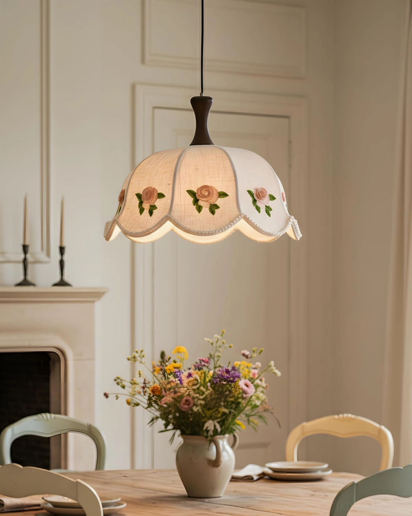 Roselace fabric pendant lamp entry hallway foyer lighting vintage cottage aesthetic rose-appliqué shade
