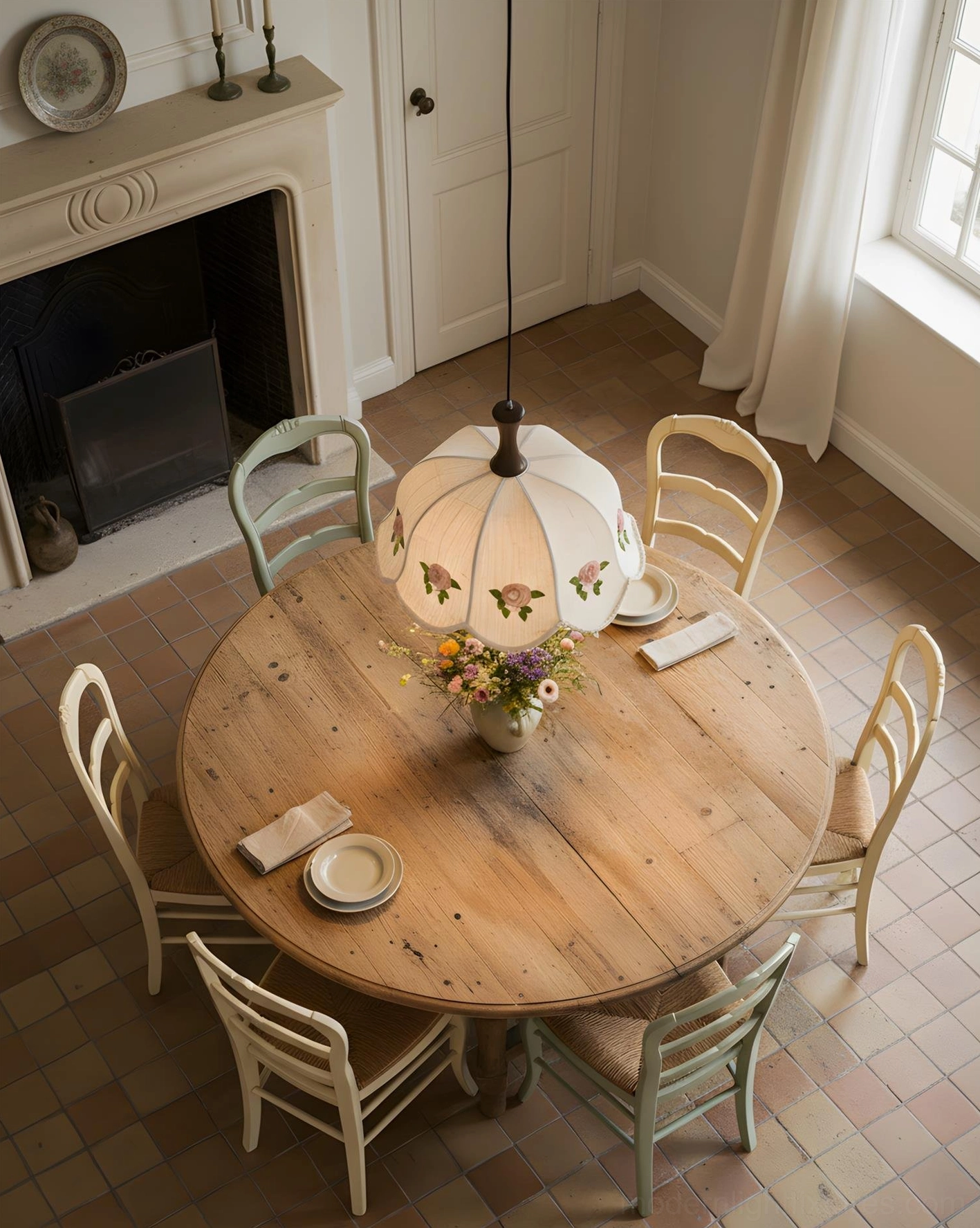 Roselace pendant lamp hanging overhead in farmhouse vintage dining room above wooden round dining table top-down view