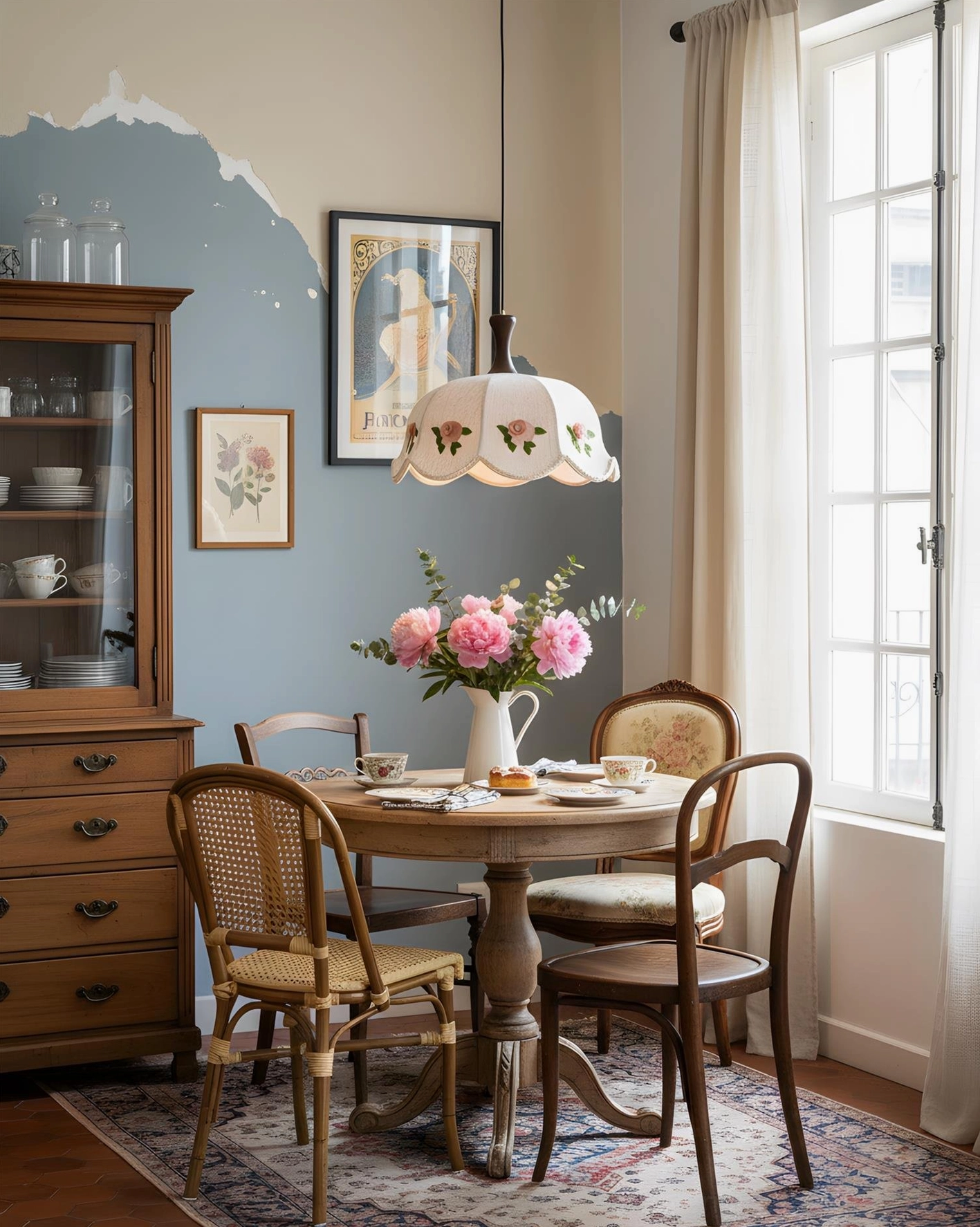 Roselace vintage pendant light with handcrafted rose appliqués and pearled edge scalloped fabric shade detail view
