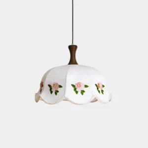 Roselace vintage pendant light with scalloped rose-embroidered fabric shade, front view studio photography on white background