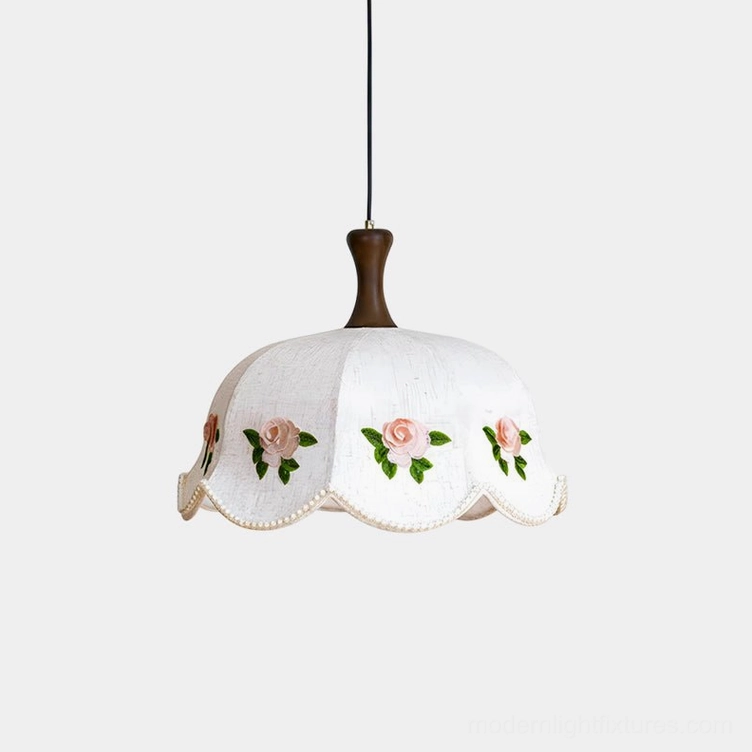 Roselace vintage pendant light with scalloped rose-embroidered fabric shade, front view studio photography on white background