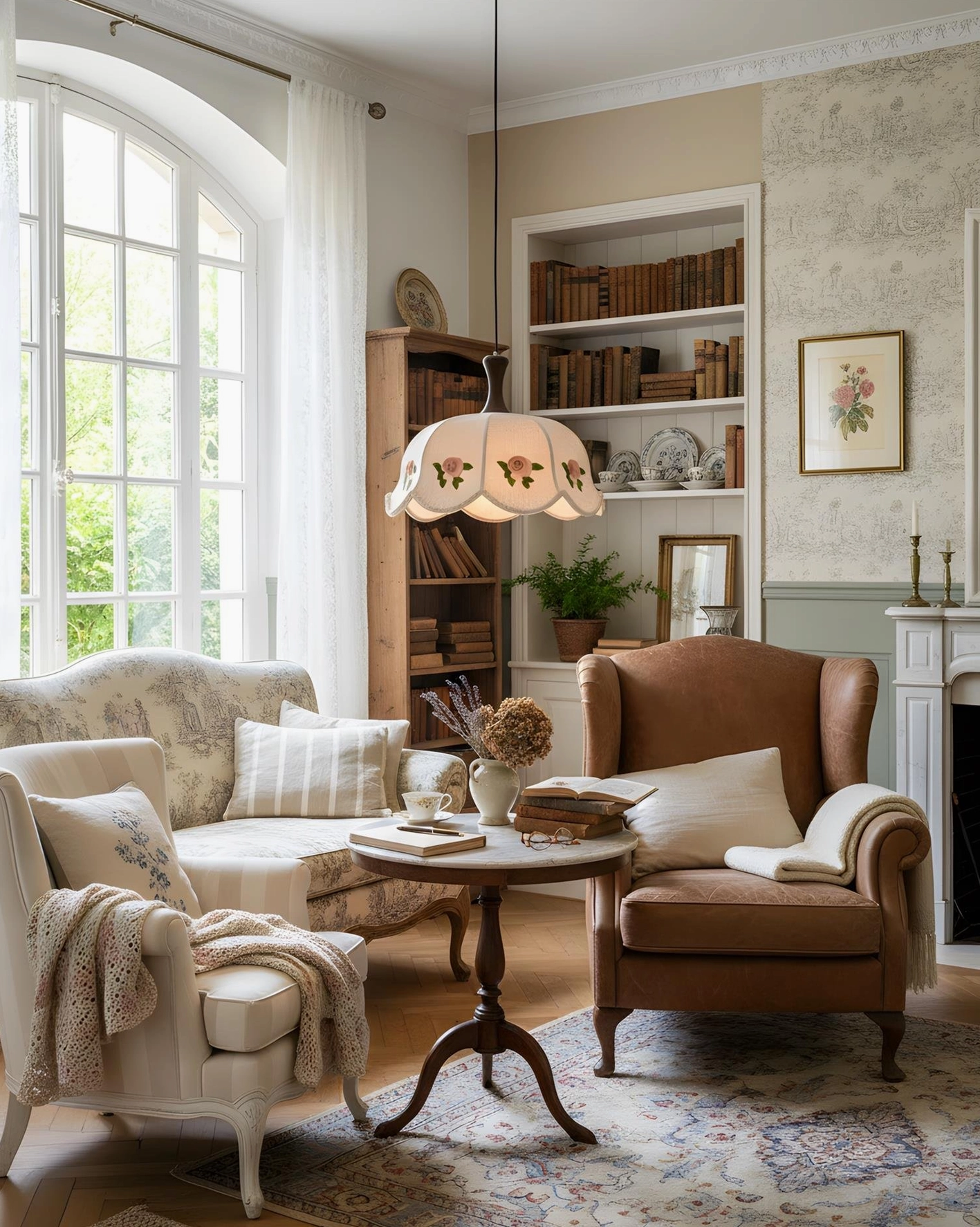 Roselace pendant light illuminating elegant traditional living room with arched window and warm retro home interior styling