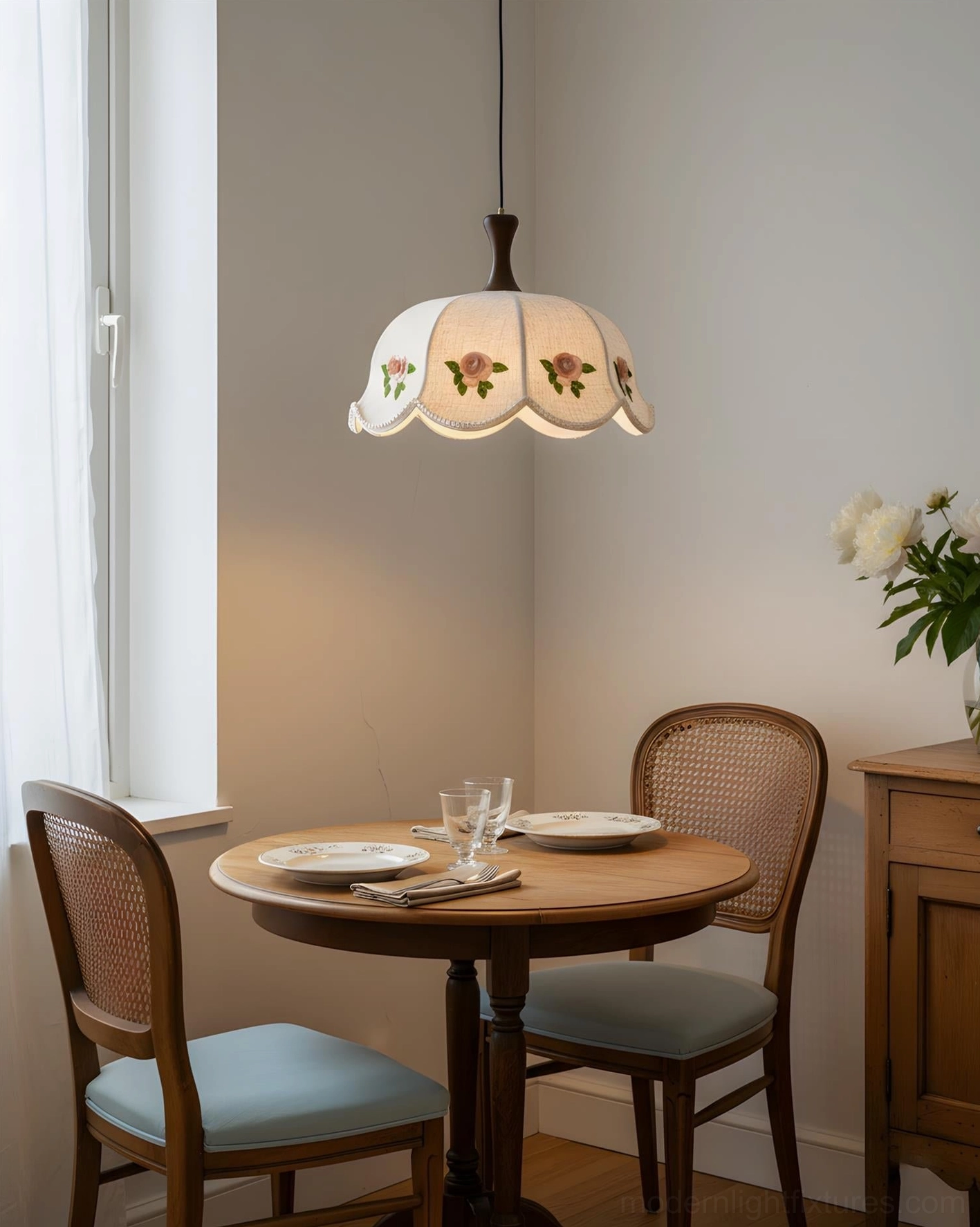 Roselace vintage fabric pendant light walnut color finish option scalloped rose-embroidered shade warm tones