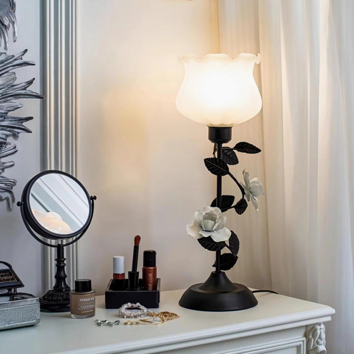 Roselith floral vanity table lamp front view on bedroom dressing table with makeup accessories and warm soft romantic lighting