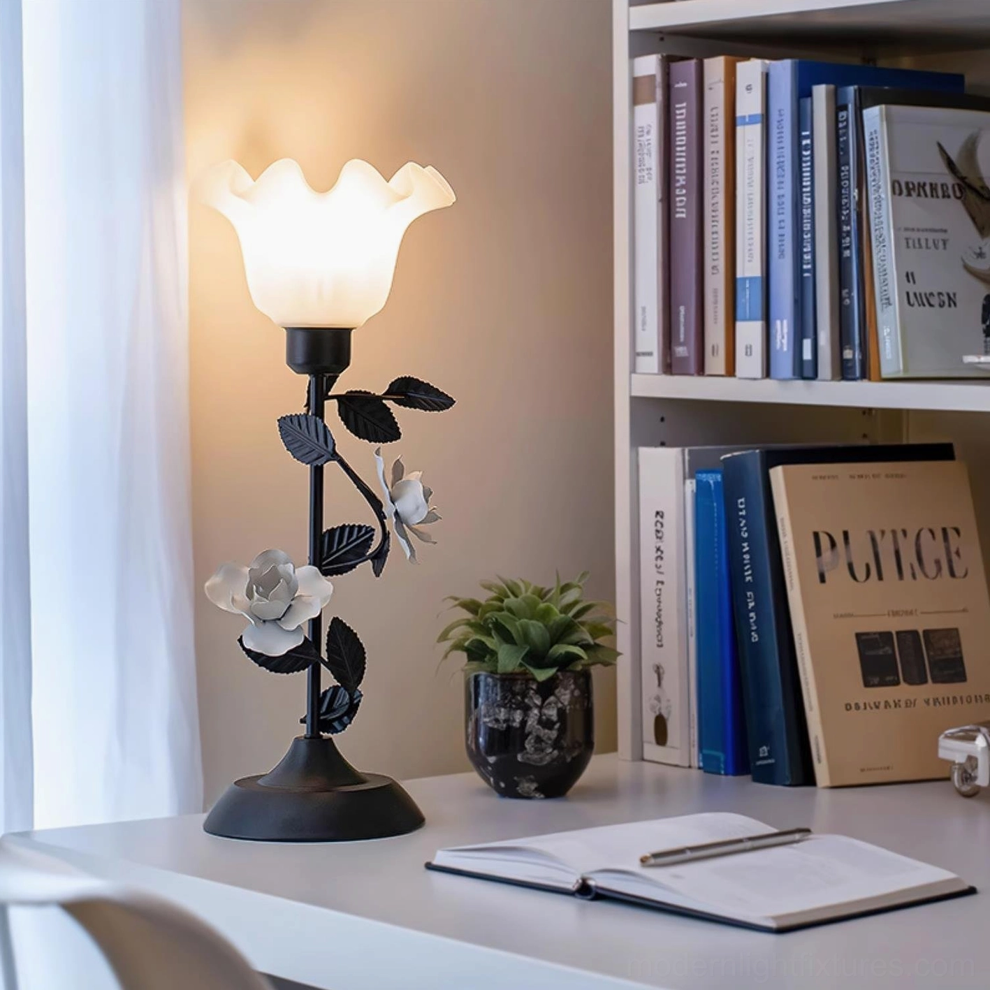 Roselith romantic floral table lamp detail view showcasing wrought iron rose blossoms and textured leaves with frosted glass petal shade