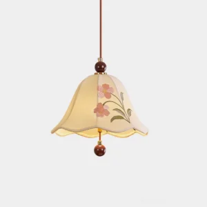 Roselle embroidered fabric pendant light with bell-shaped shade featuring pink floral embroidery on cream background, wooden bead accents