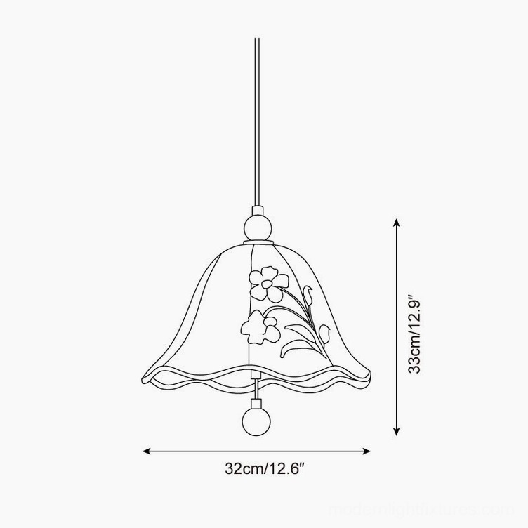 Roselle pendant light technical design sketch showing bell-shaped profile and dimensions 32cm diameter by 33cm height