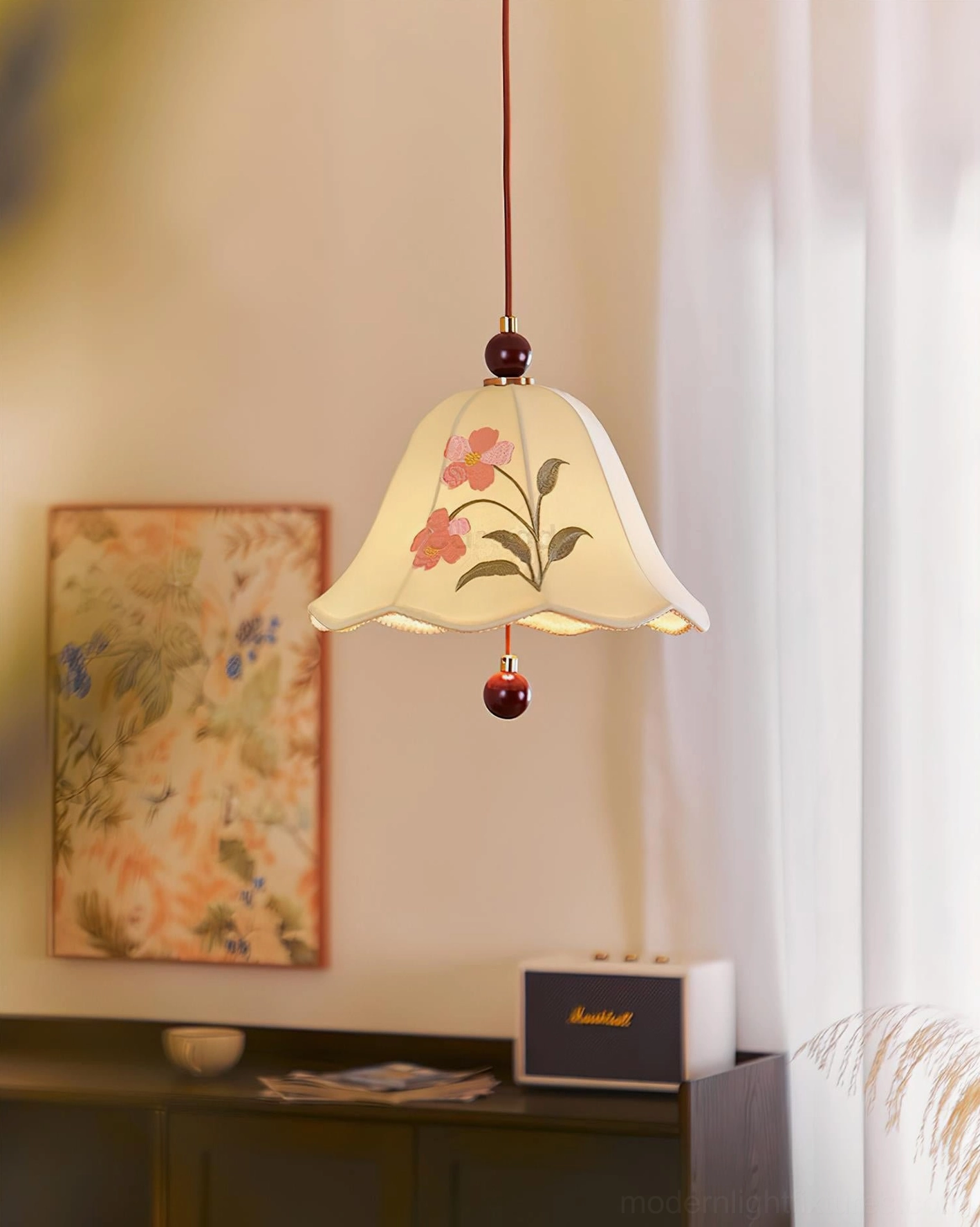 Roselle floral embroidered pendant lamp in vintage home interior with curtains and period furnishings