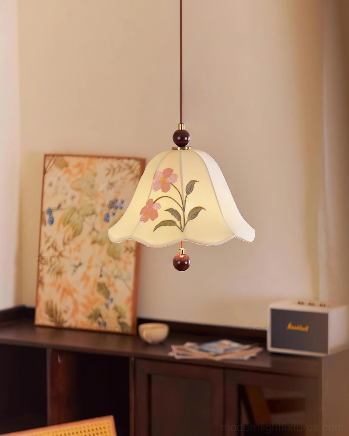 Roselle vintage pendant lamp low angle view in retro home setting with sideboard and warm aesthetic