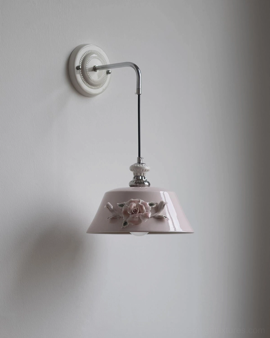 Roselune ceramic wall lamp detail shot showing hand-sculpted floral motifs and dimensional porcelain relief work
