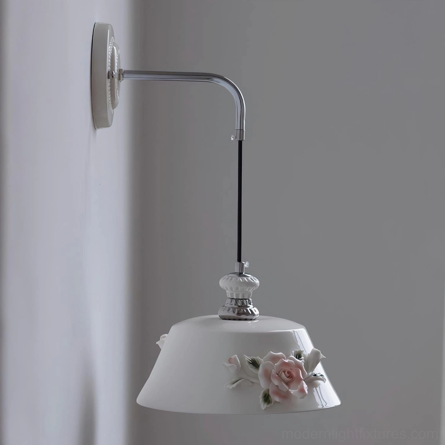 Roselune ceramic wall lamp in transitional interior showing vintage romance aesthetic with modern minimalist styling