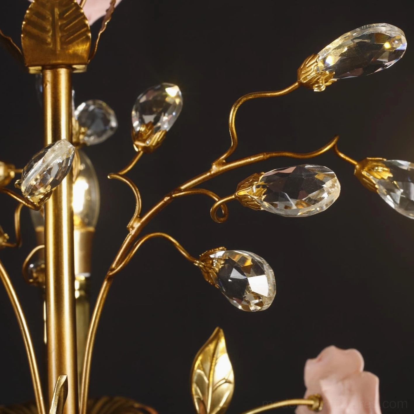 Roselune floral pendant light fixture macro view of brass framework and pink rose botanical elements