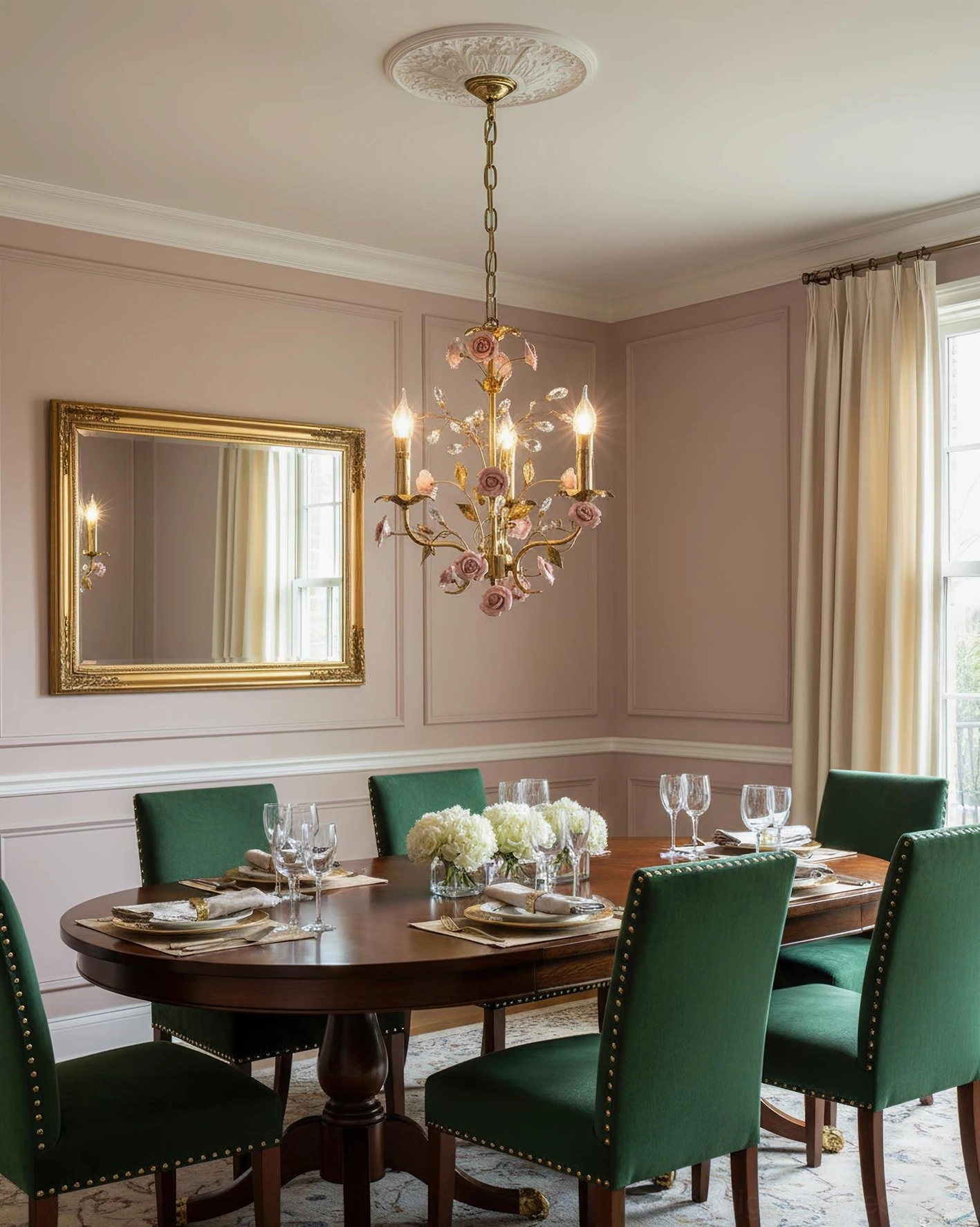 Roselune brass and ceramic rose chandelier installed in formal dining room with neoclassical decor