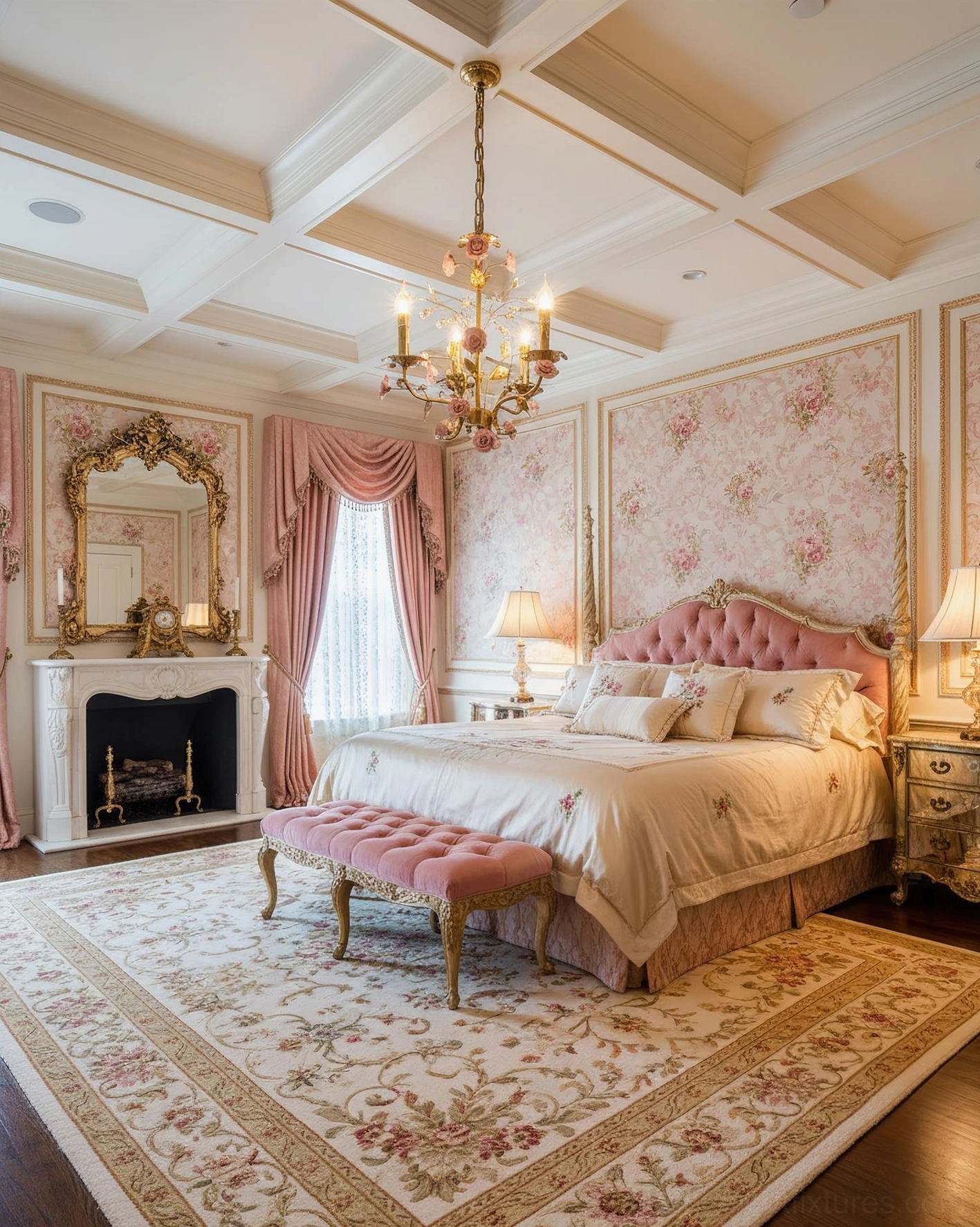 Roselune romantic brass and ceramic rose pendant lamp in luxury master bedroom with floral wallpaper