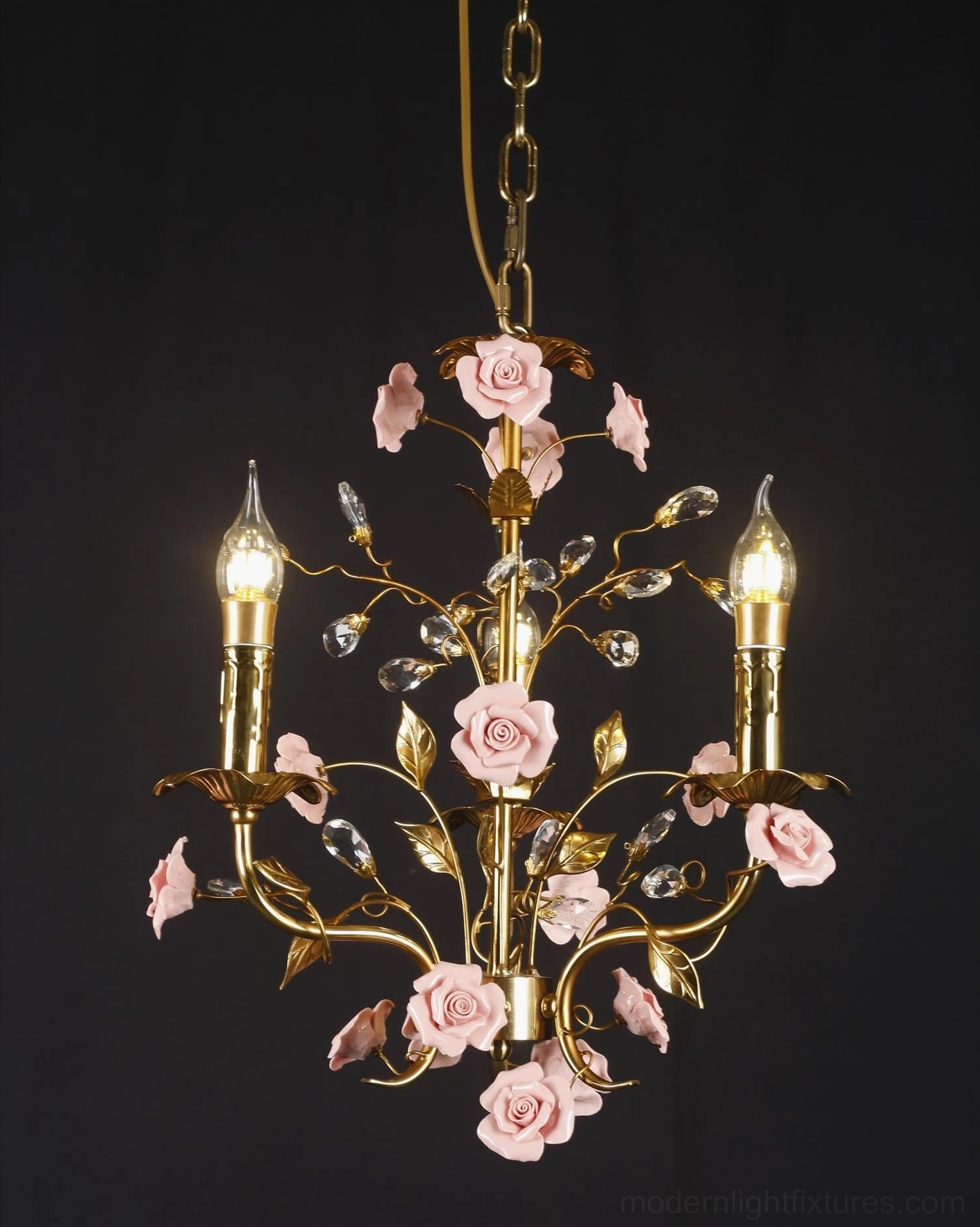 Roselune romantic floral pendant chandelier with pink ceramic roses and brass construction, decorative lighting