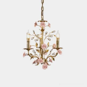 Roselune floral pendant chandelier with brass framework and pink ceramic roses, front studio view