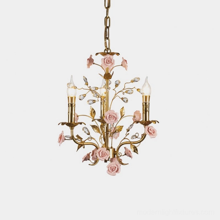 Roselune floral pendant chandelier with brass framework and pink ceramic roses, front studio view