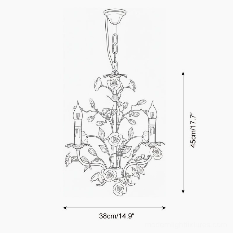 Roselune floral pendant chandelier technical schematic showing 38cm diameter and 45cm height specifications
