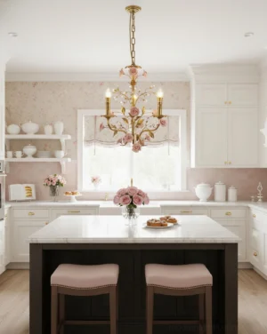 Roselune pendant light fixture hanging in farmhouse kitchen with island, overhead view showing botanical rose details