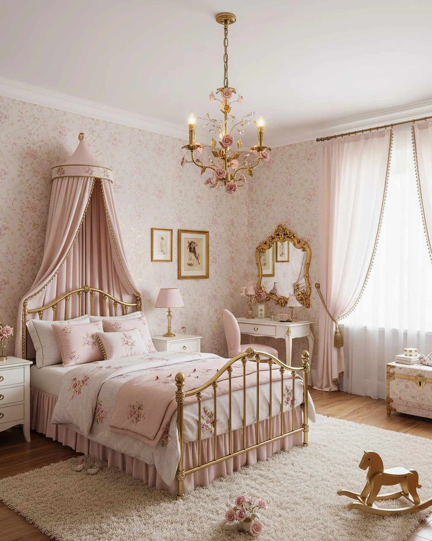 Roselune botanical pendant light with pink ceramic roses in girly princess-style bedroom with canopy bed